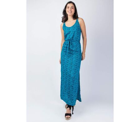 Robe longue fendue LAETITIA motif Palerme bleu Coton Du Monde