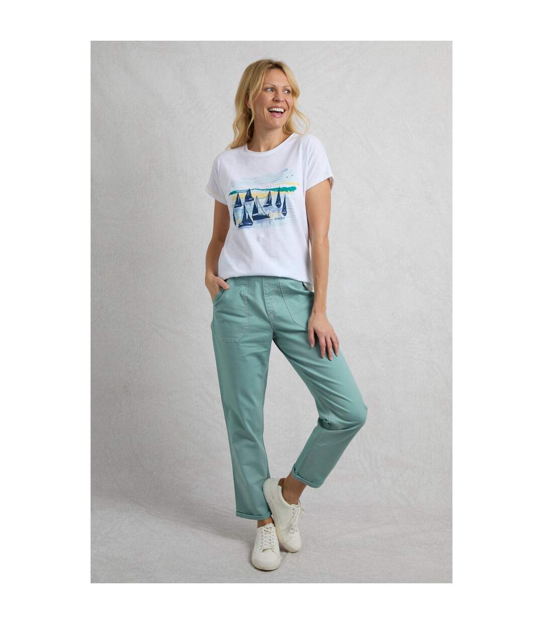 Womens/ladies Malorri Organic Cotton Trousers Mineral Blue Weird Fish-1