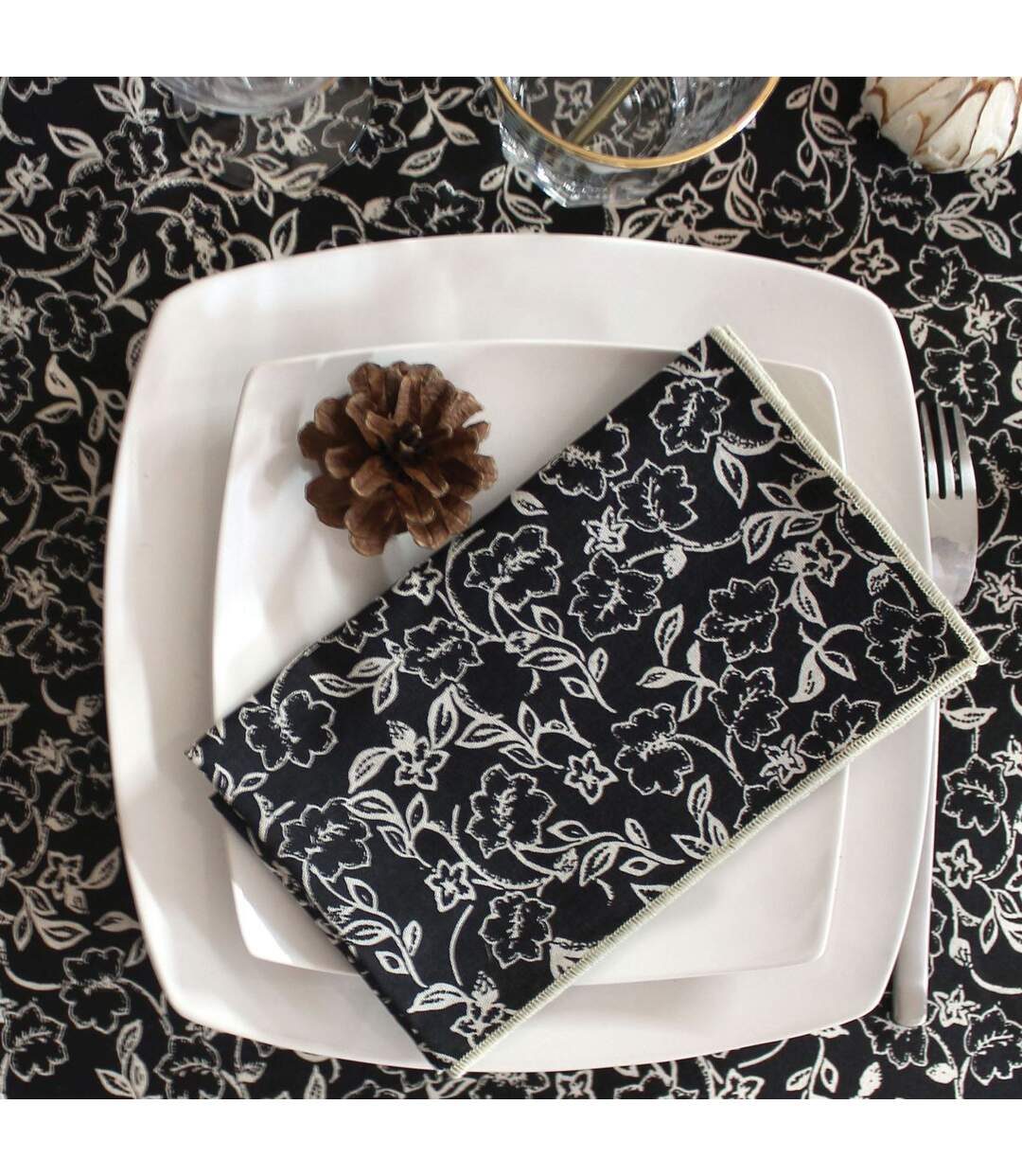 Lot de 4 Serviettes de Table Linette 40x40 Noir & Écru-4