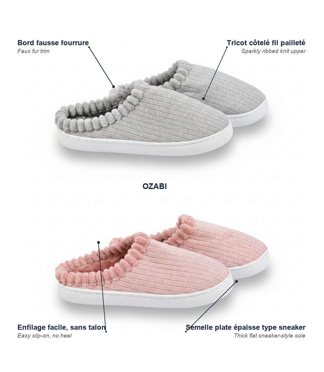 OZABI Pack 2 Paires Mules Femme Tricot Côtelé Pailleté Fausse Fourrure-5