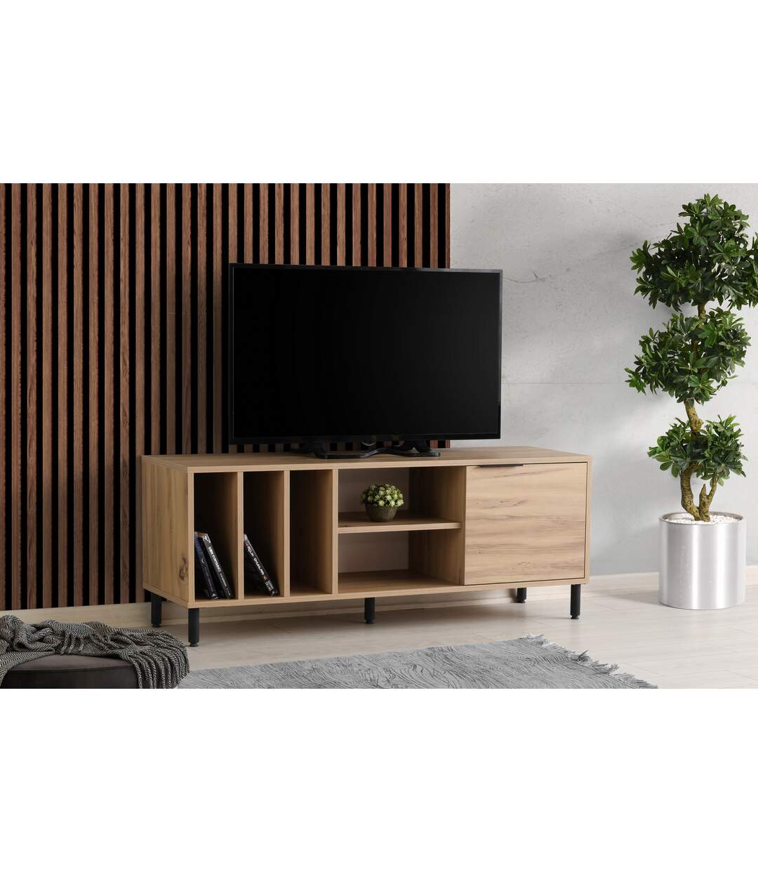 Meuble TV avec multi-rangements en panneaux de particules - Beige-5