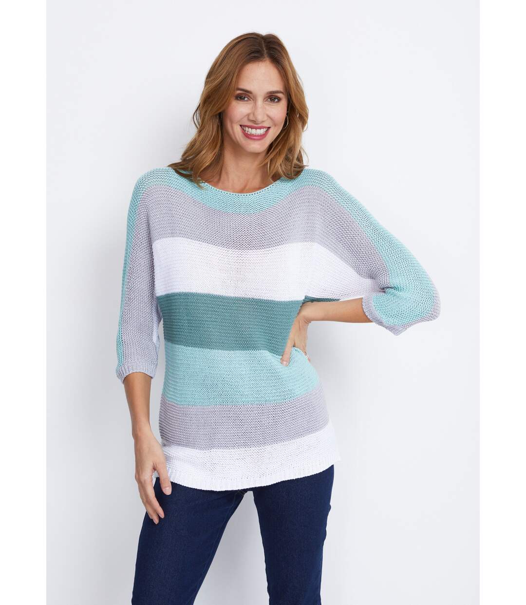 Pull rayé manches 3/4 point mousse-1