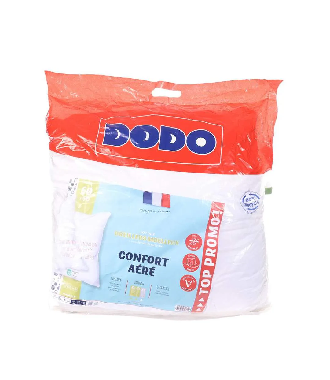 X2 oreillers blanc dodo confort aéré  60x60 cm-1