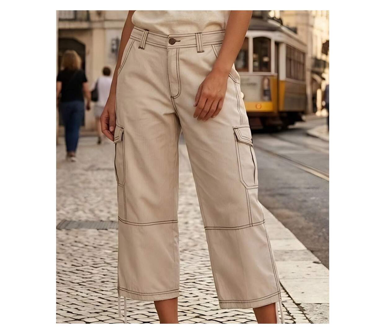 AXXANO AE1271B - Pantacourt femme à rayures beige et blanc en pur coton-1
