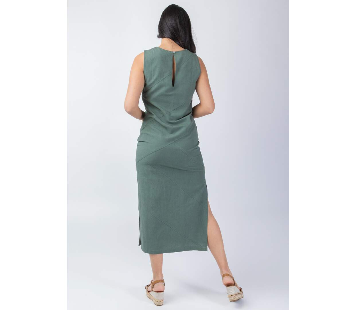 Robe longue encolure ronde CHARLINE unie kaki Coton Du Monde-4