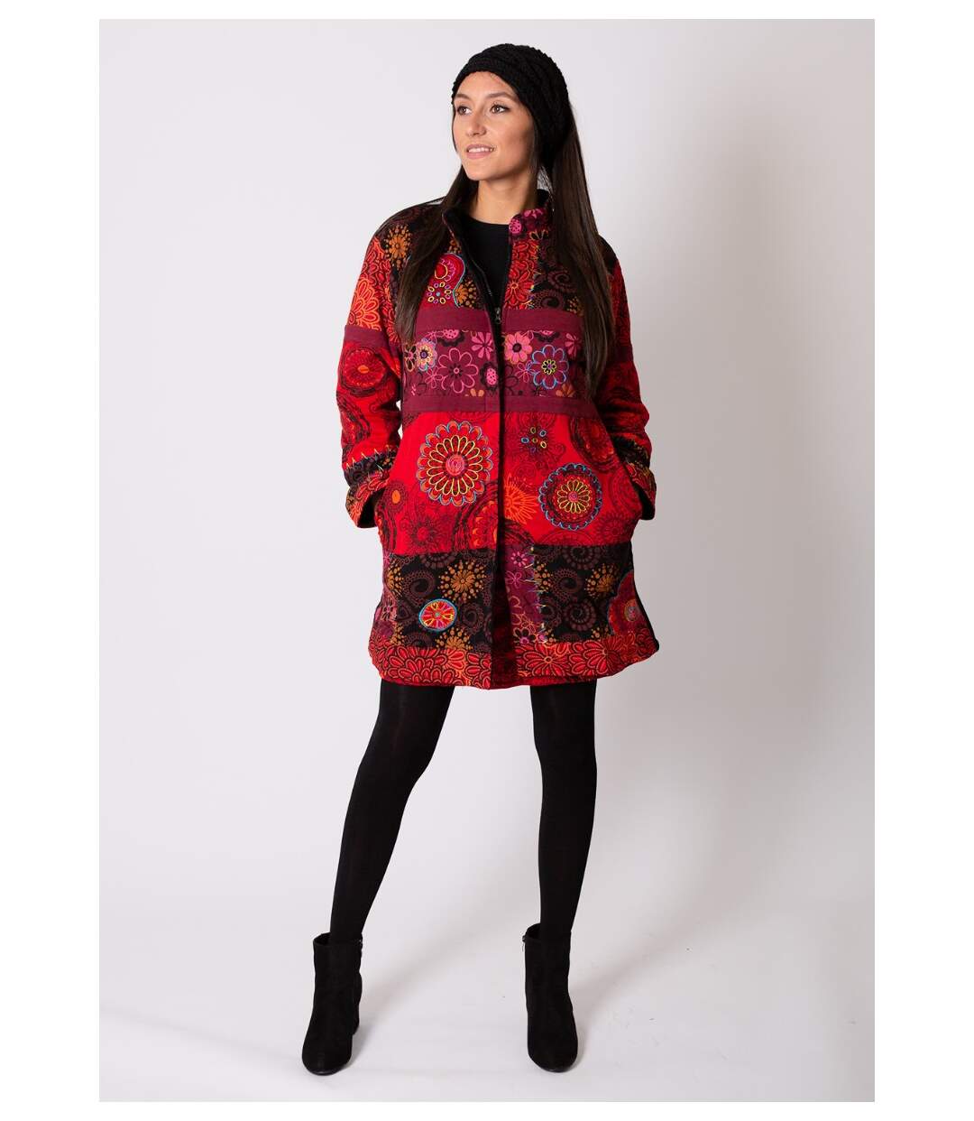 Manteau doublé polaire KWANGO ethnique rouge Coton Du Monde-2