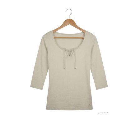 MAYFLOWER DOUGLAS2 - Tee-shirt beige manches 3/4 en maille flammée et col V à lacets