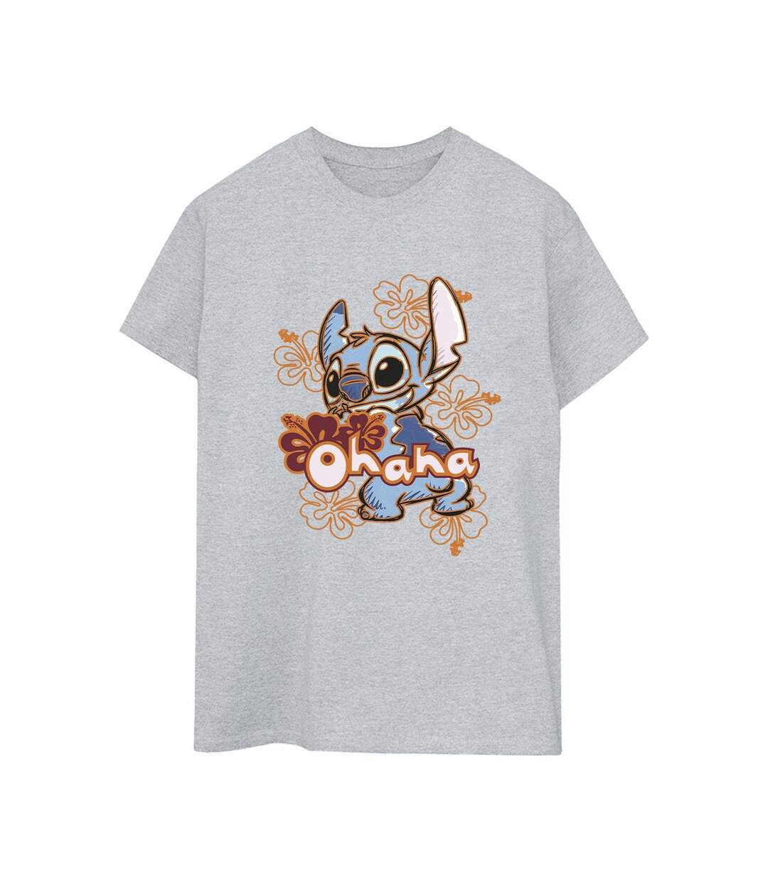 Disney Womens/Ladies Lilo And Stitch Ohana Orange Hibiscus Cotton Boyfriend T-Shirt (Gris sportif) - UTBI30222-1