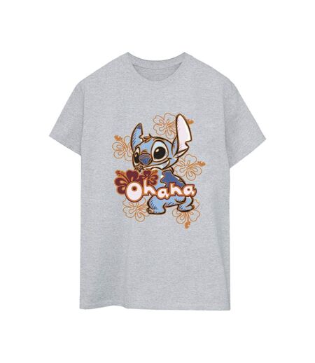 Disney Womens/Ladies Lilo And Stitch Ohana Orange Hibiscus Cotton Boyfriend T-Shirt (Gris sportif) - UTBI30222