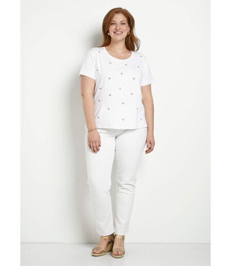 T-shirt uni strass col rond manches courtes