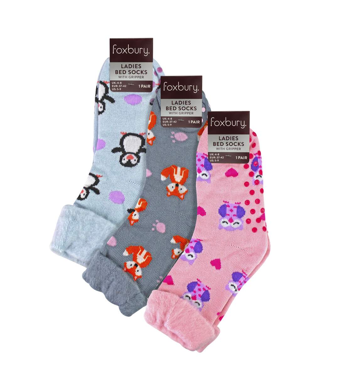 3 Pack Ladies Bed Socks with Grips | Cute Animal Pattern Brushed Non Slip Socks-2