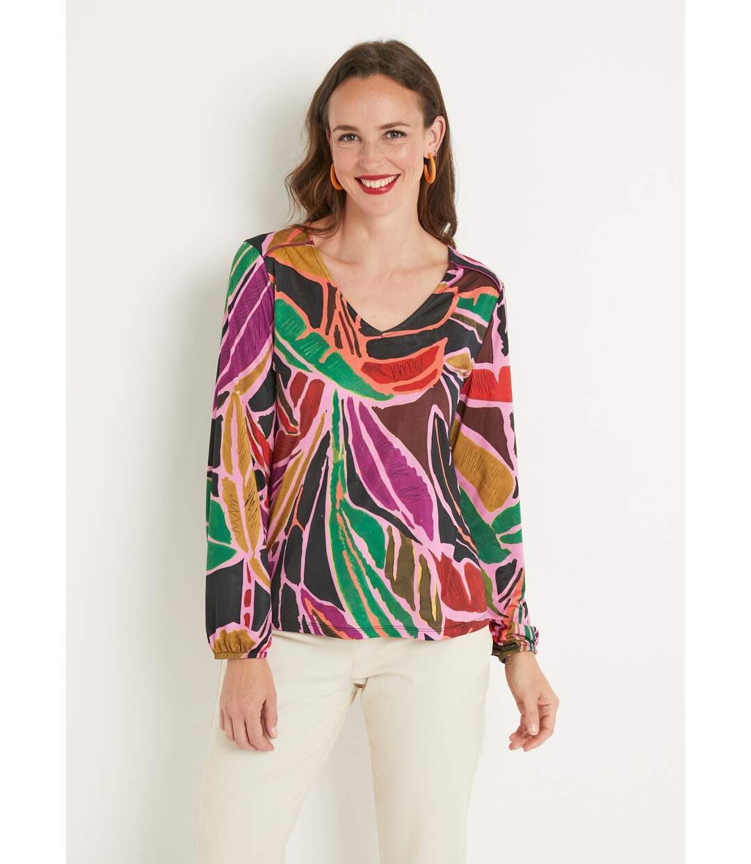 T-shirt court fluide imprimé graphique col V-1