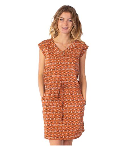 Robe fluide avec lien ajustable ELVIRA imprimé ethnique camel Coton Du Monde