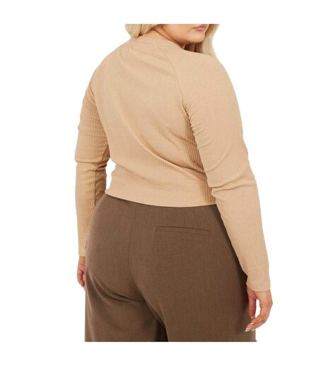Womens/ladies Ribbed V Neck Plus Long-sleeved Crop Top Taupe Brave Soul