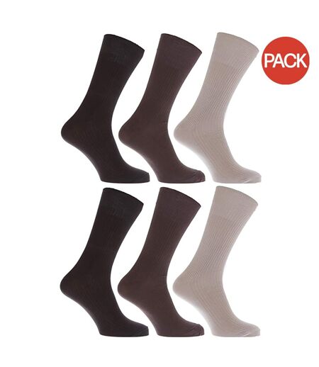 Pack of 6 Mens bamboo super soft work/casual non elastic top socks  brown/beige Universal Textiles