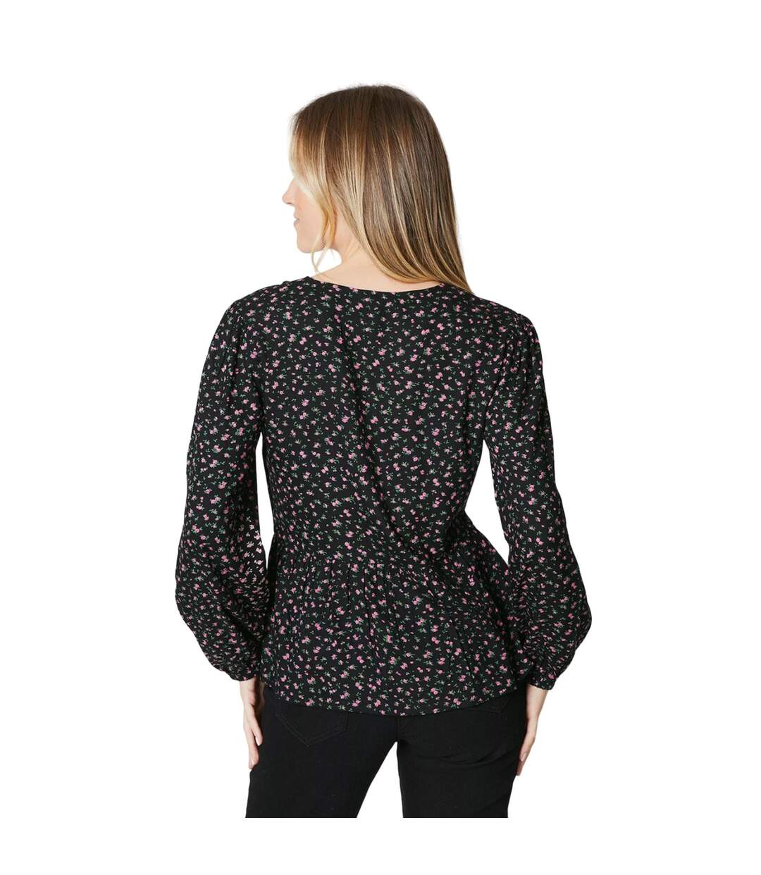 Womens/ladies ditsy floral front tie long-sleeved blouse black Maine-2