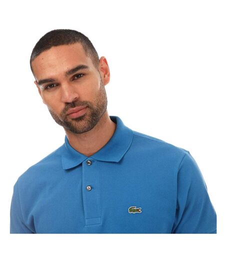 Mens Ribbed Collar Short-sleeved Polo Shirt Blue Lacoste