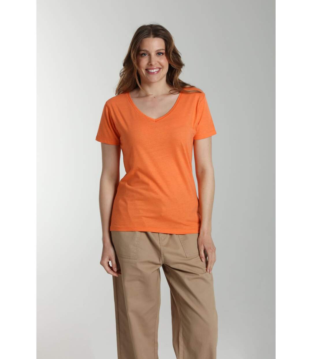 Tee shirt col v manches courtes femme Maddy Corail Rose(Orange) | Gerard Pasquier-1