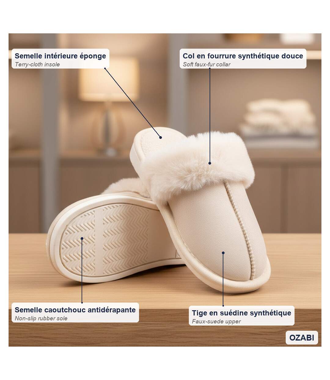 OZABI Pantoufles Ouvertes Femme, Suédine Synthétique, Col Fourrure-4