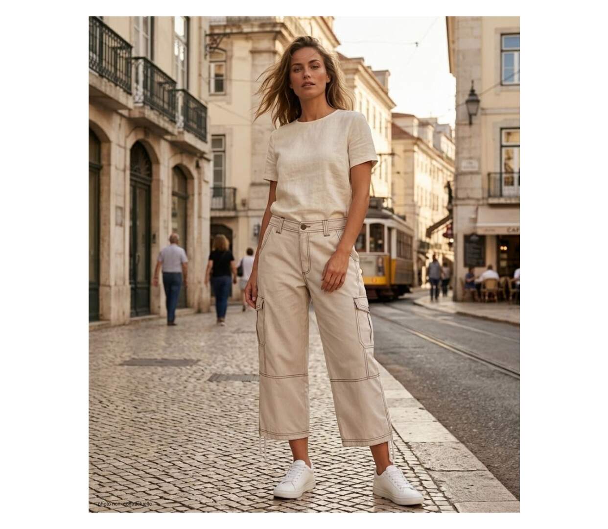 AXXANO AE1271B - Pantacourt femme à rayures beige et blanc en pur coton-5