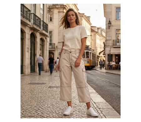 AXXANO AE1271B - Pantacourt femme à rayures beige et blanc en pur coton