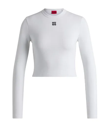 Womens/ladies Logo Slim Long-sleeved Crop T-shirt White Hugo