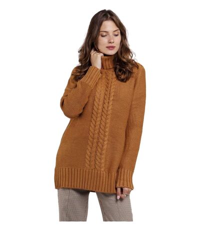 Pull femme col roulé torsadé -  Manches longues Uni Vintage - Couleur camel