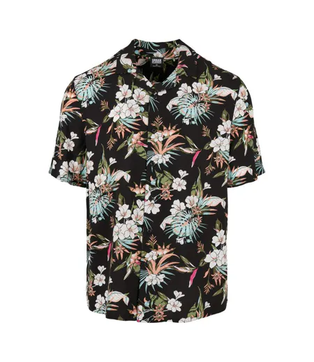 Mens Tropical Viscose Resort Shirt Black Multicoloured Urban Classics