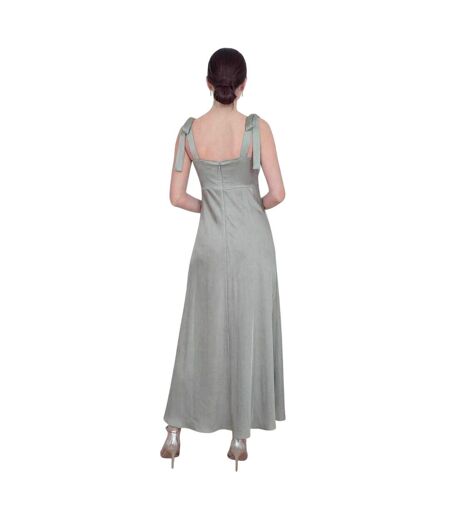 Womens/ladies Satin Tie Shoulder Bridesmaid Maxi Dress Sage Green Deluxe