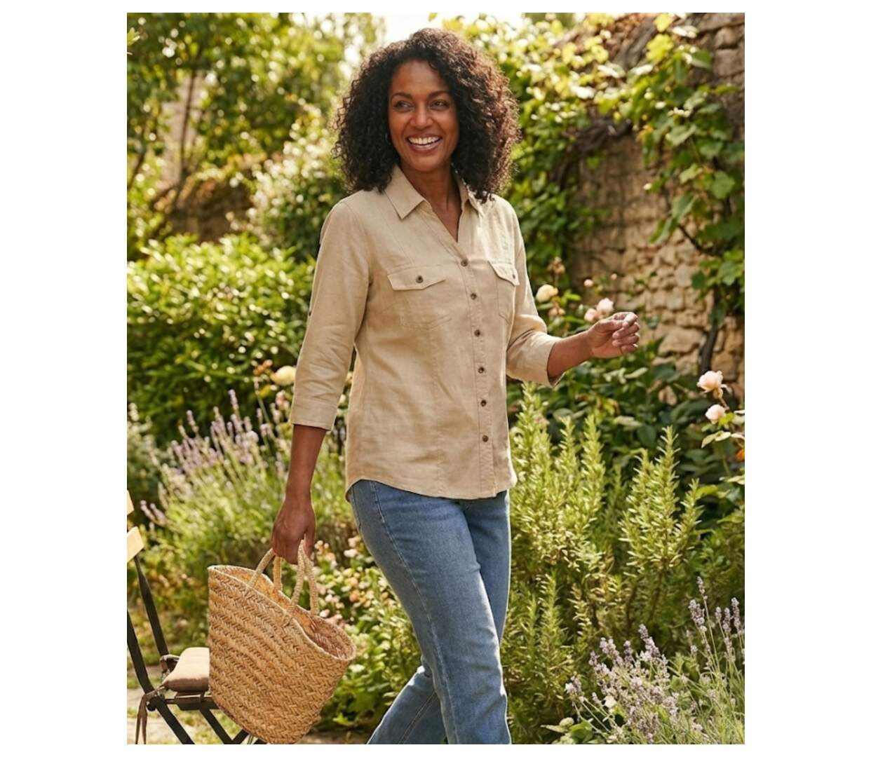 Chemisier Femme Beige Lin et Coton Manches Retroussables-4