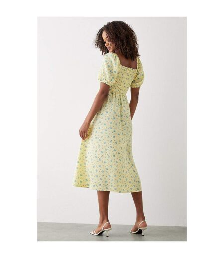 Womens/ladies Ditsy Print Shirred Midi Dress Yellow Dorothy Perkins