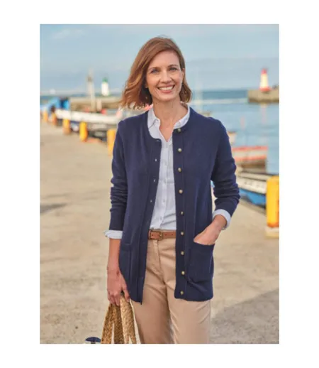 Womens/ladies Lambswool Crew Neck Cardigan Navy WoolOvers