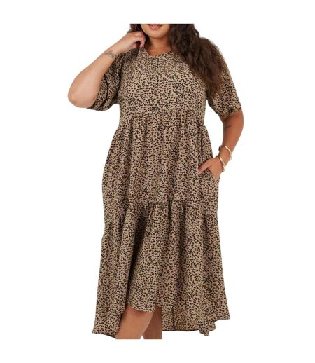 Womens/ladies Tiered Crew Neck Short-sleeved Midi Dress Brown Black Brave Soul