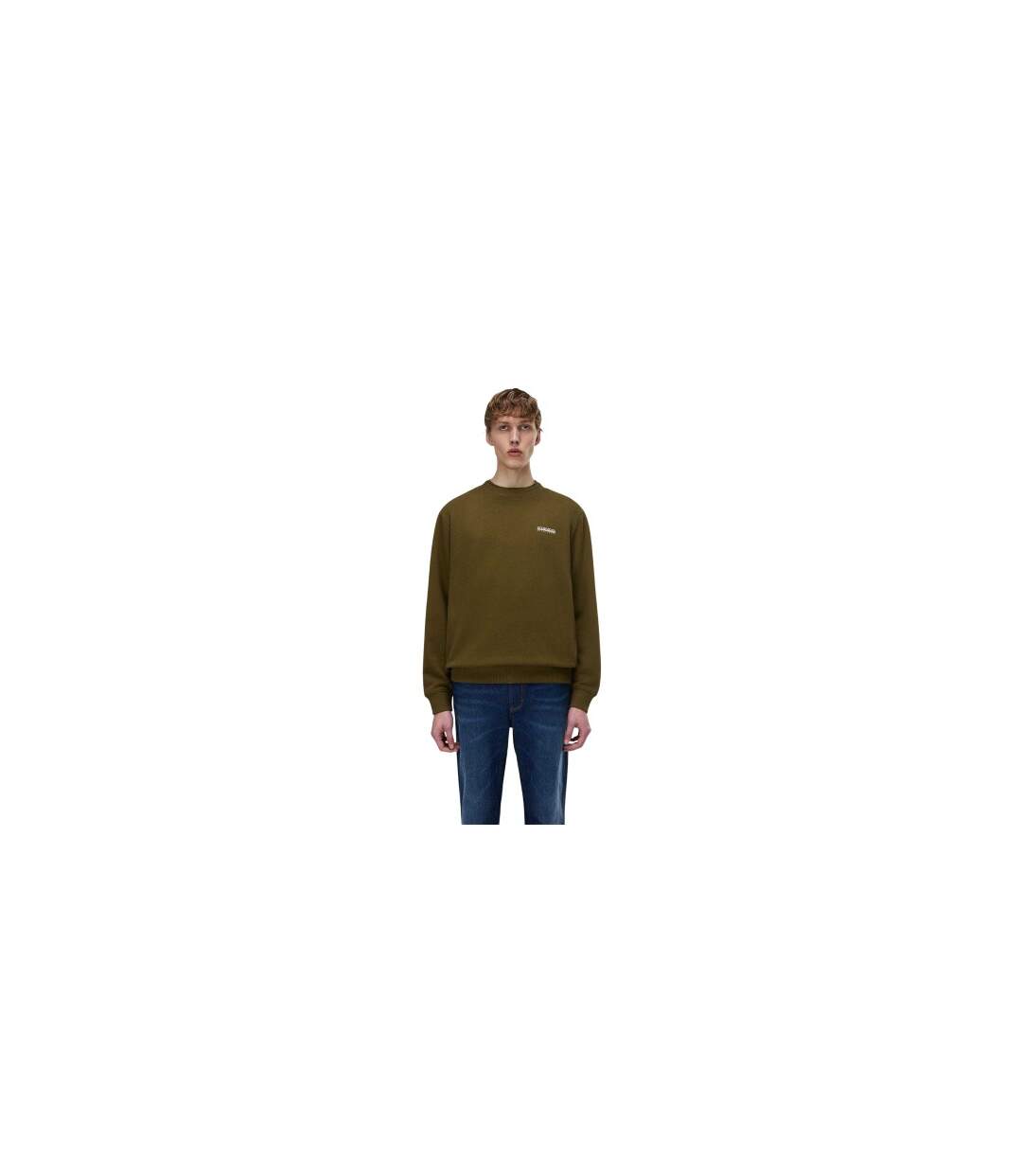 Mens Box Logo Cotton Crew Neck Straight Sweatshirt Dark Olive Napapijri-1