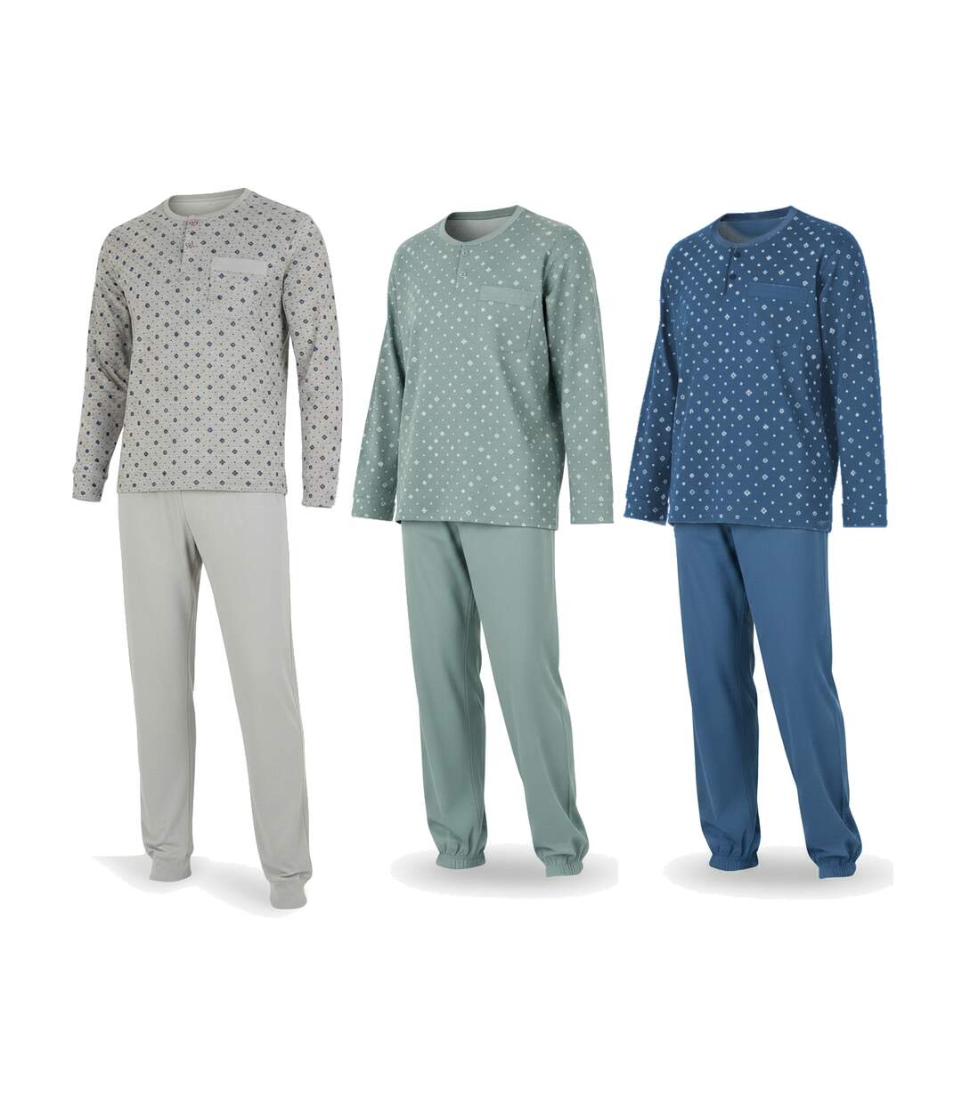 OZABI Ensemble Pyjama Homme Long Pack de 3, Haut Imprimé Col Boutonné-1
