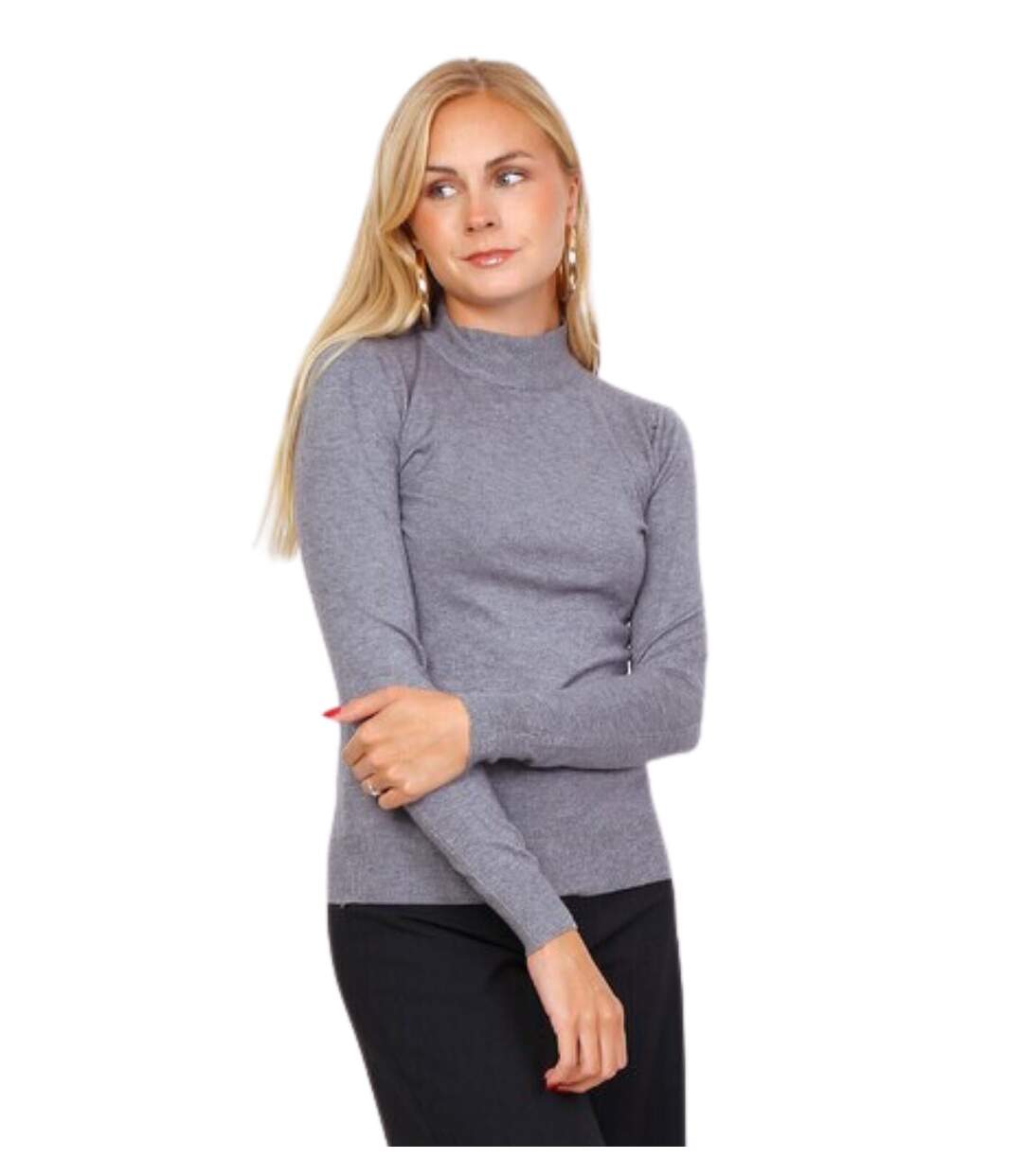 Pull femme de couleur gris - Col montant manches longues.