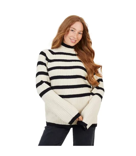 Womens/ladies Striped Mossy Yarn Jumper Cream Black Brave Soul