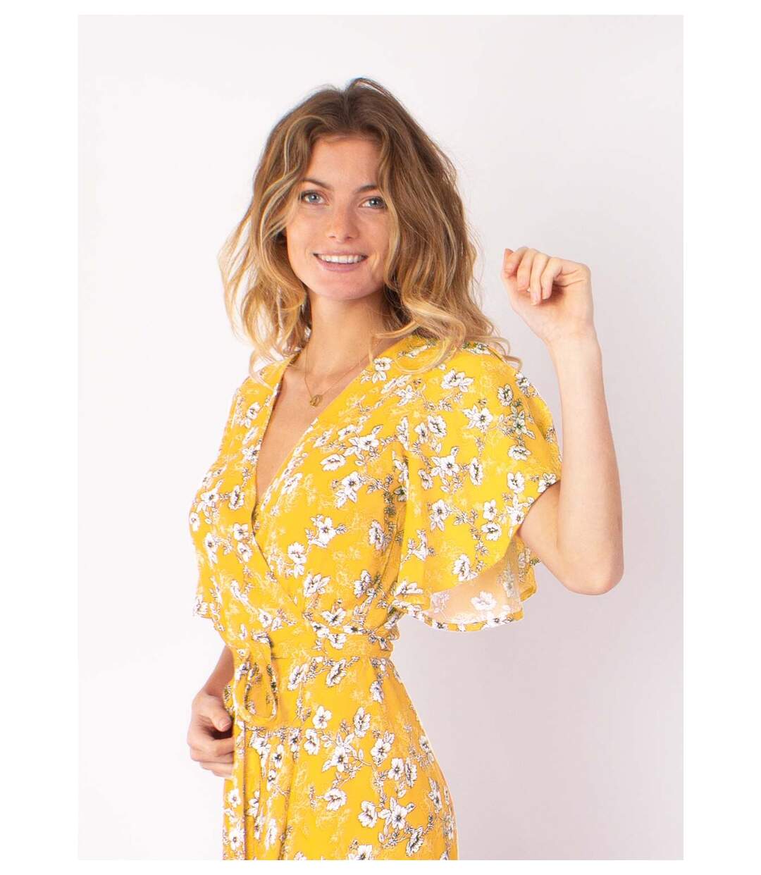 Robe longue SAKURA bohème imprimé fleuri jaune Coton Du Monde