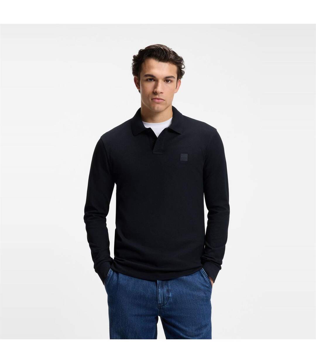 Mens Passerby Logo Long-sleeved Polo Shirt Dark Blue Boss-2