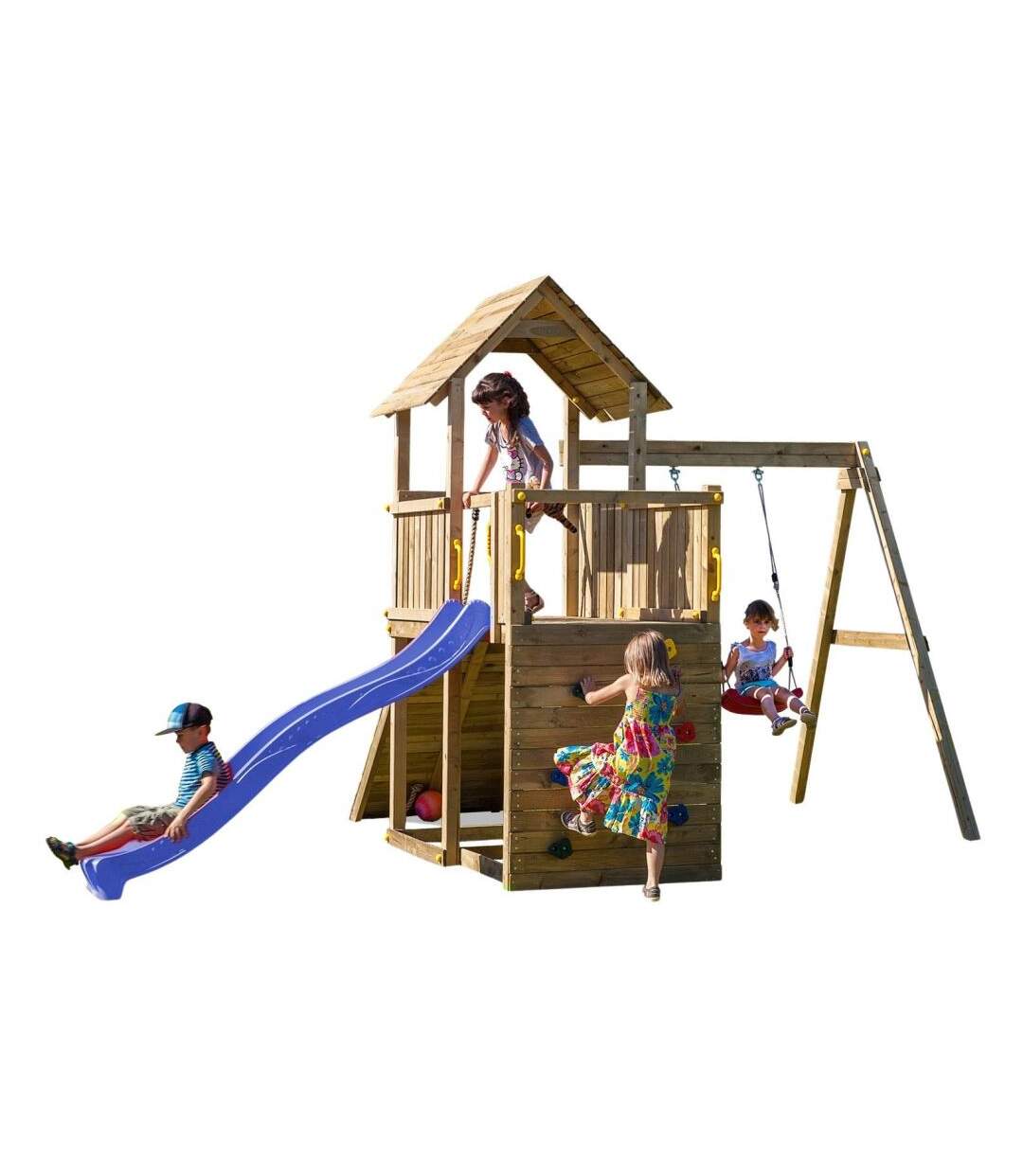 Plateforme de jeux en bois Carol Tour + toboggan + balançoire + rampe