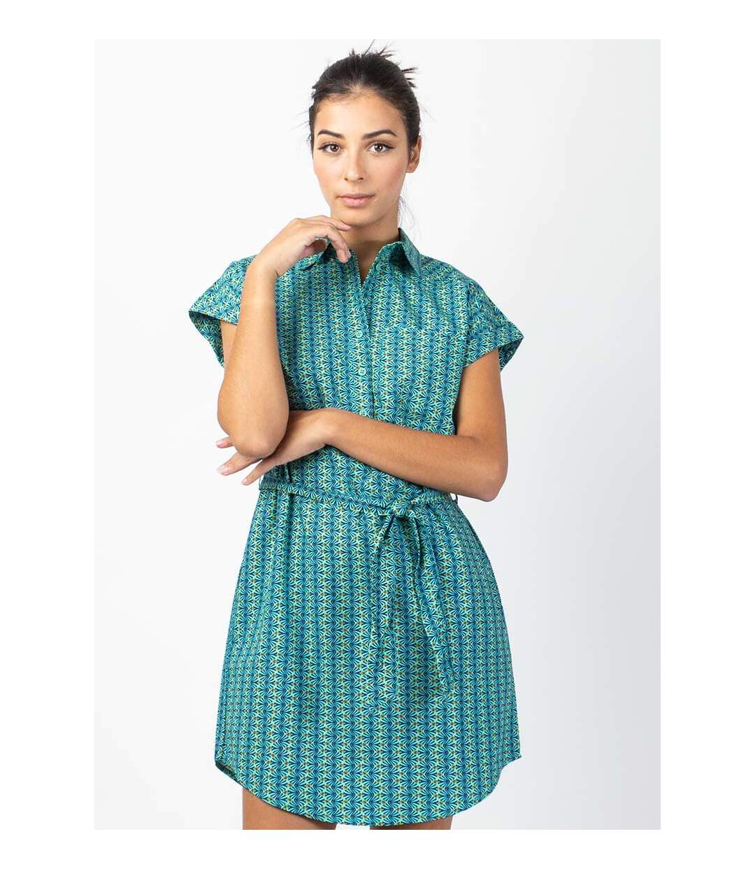 Robe chemise courte DANNA imprimé ethnique bleu Coton Du Monde