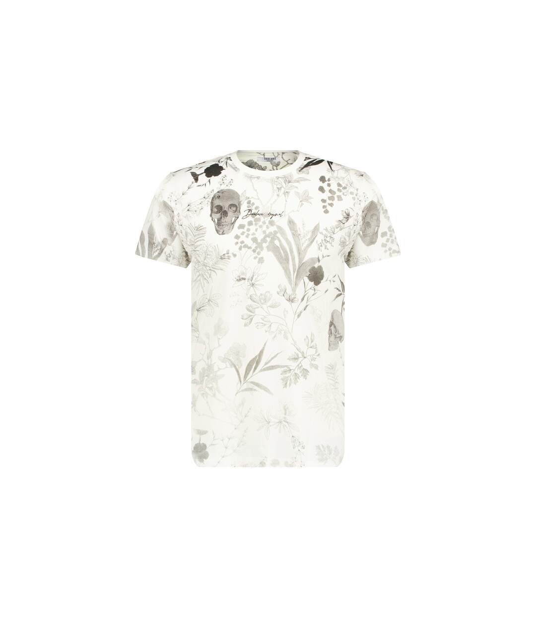 tshirt col rond avec motif floral et tête de mort, et impimé lettrage sur le devant BOTANICAL