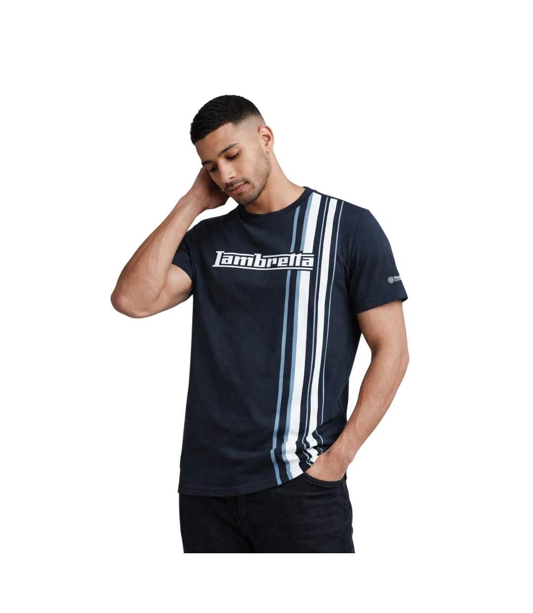 Mens Racing Stripe T-shirt Navy Smoke Blue Lambretta-1