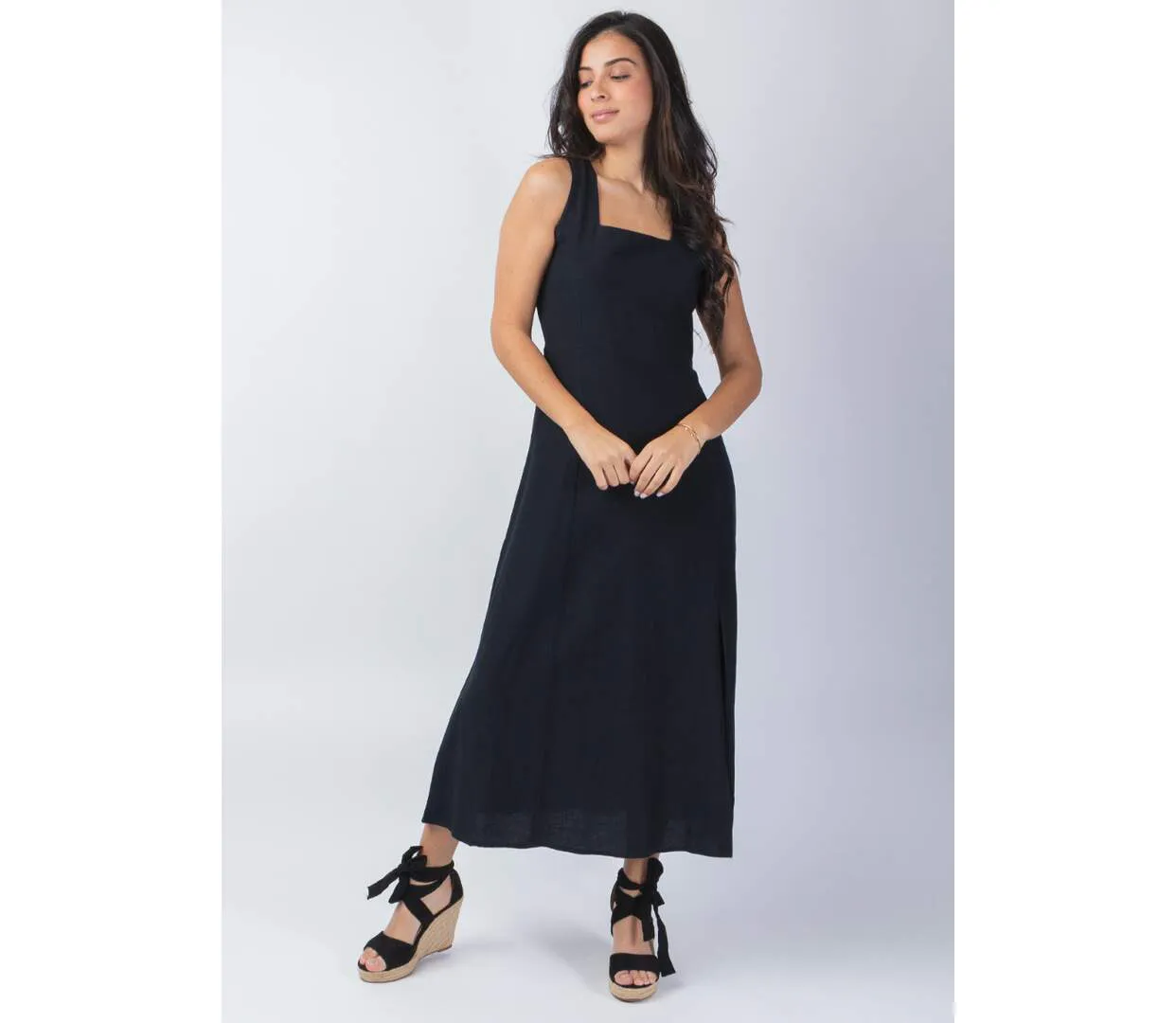 Robe longue féminine JULINE unie noire Coton Du Monde-2