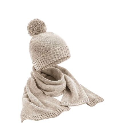 Unisex adult flecked knitted hat and scarf set one size oatmeal Beechfield