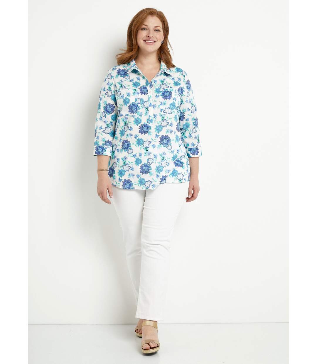 Chemisier boutonné long coton imprimé fleurs-3
