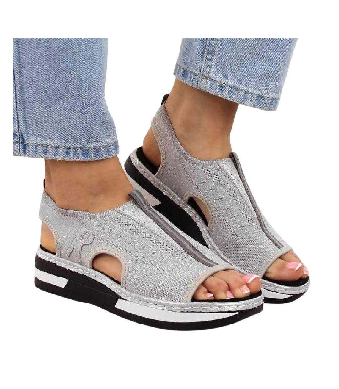 Womens/ladies Wedge Sandals Grey Rieker-2