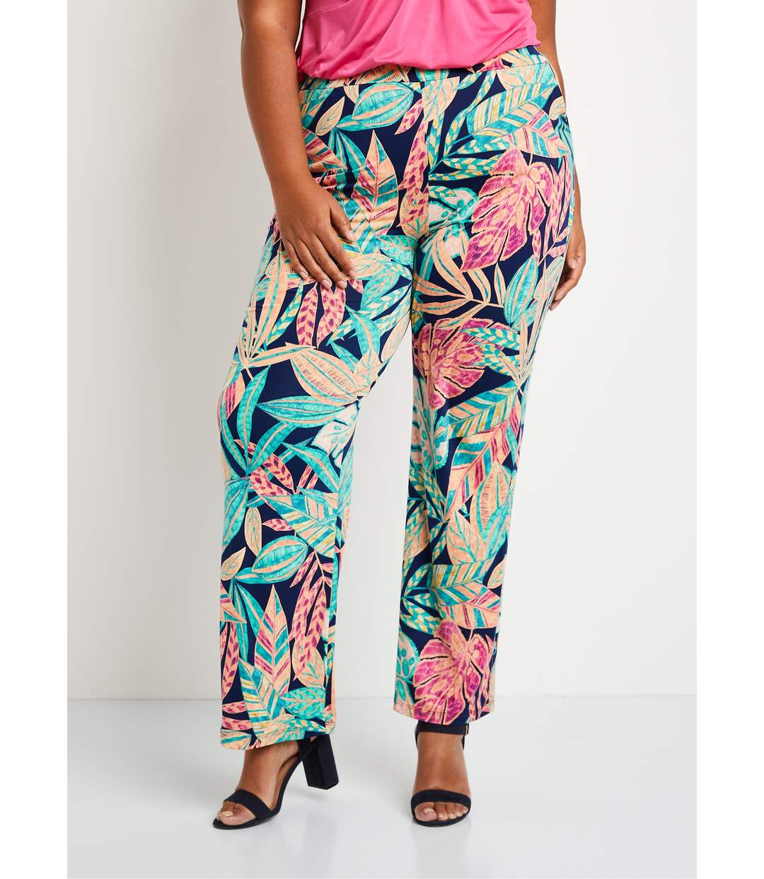Pantalon large ceinture élastiquée feuillage-1
