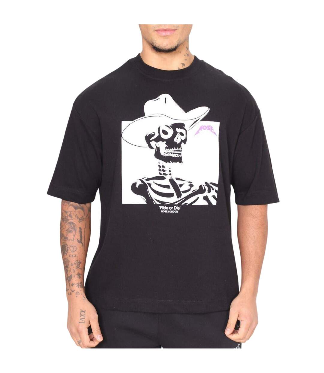 Unisex Adult Skeleton Cowboy Boxy T-shirt Black Rose London-1