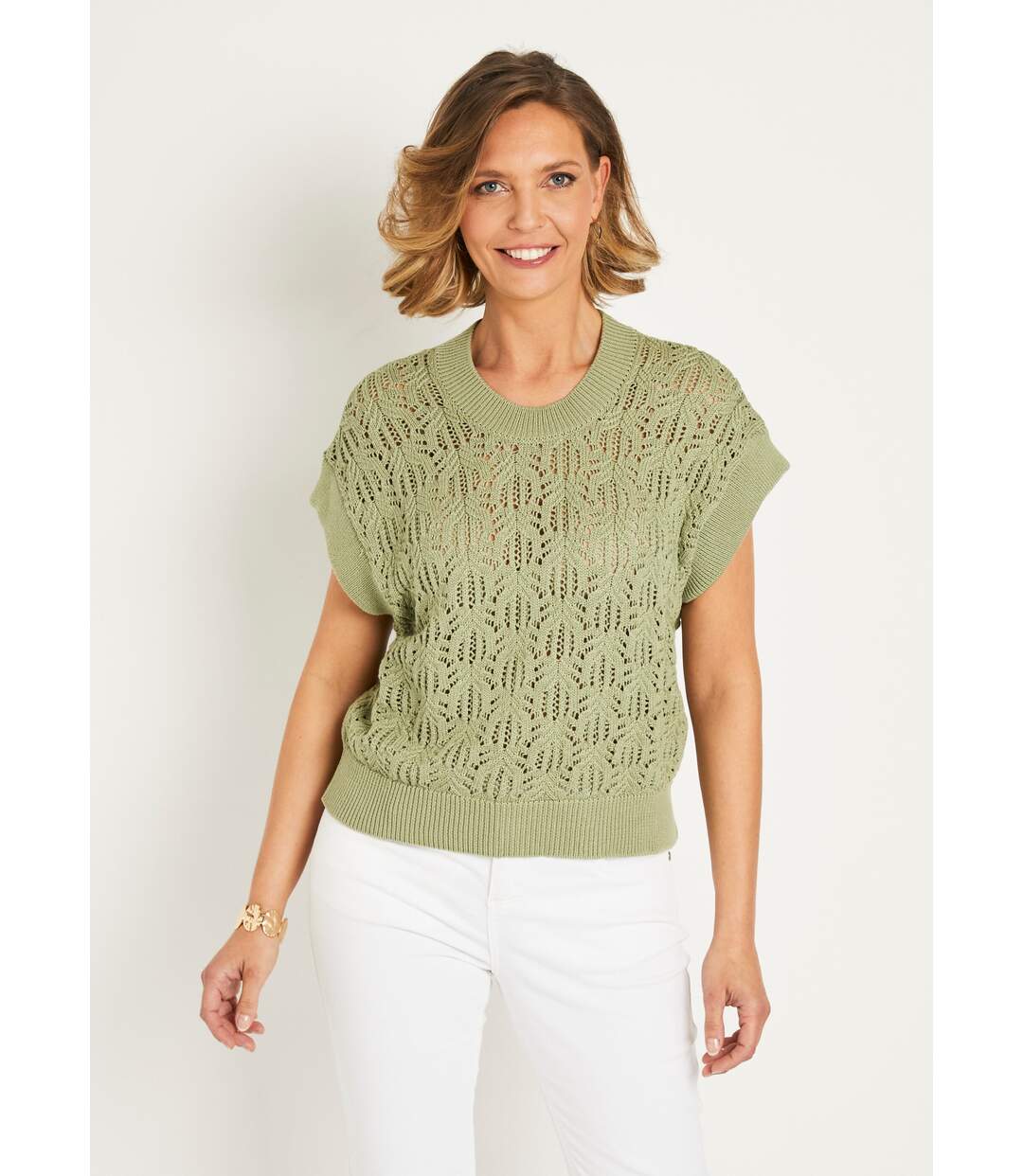 Pull maille ajourée manches courtes-1